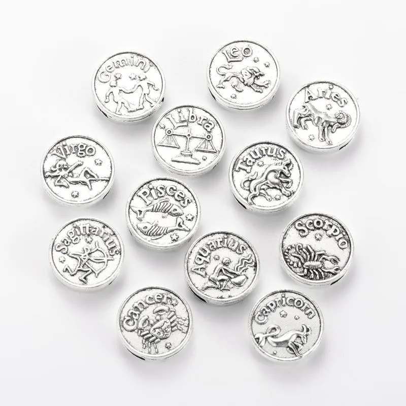 

12pcs 17*5MM Twelve Constellation zodiac charms slide Symbol Alloy Flat Circular Silver Separated Beads Diy Bracelet Accessories