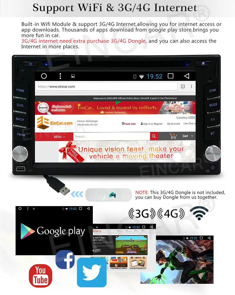 Best 4-Core Android 6.0 2DIN Car Radio Stereo 3G WIFI GPS OBD2 HD DVD Player+Camera 4