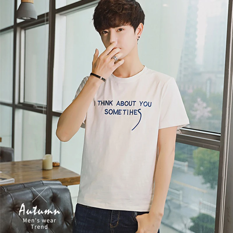

Summer casuam slim minimalist man t shirt short sleeve think about you sometihes letter print tee 2019 korean harajuku clothes