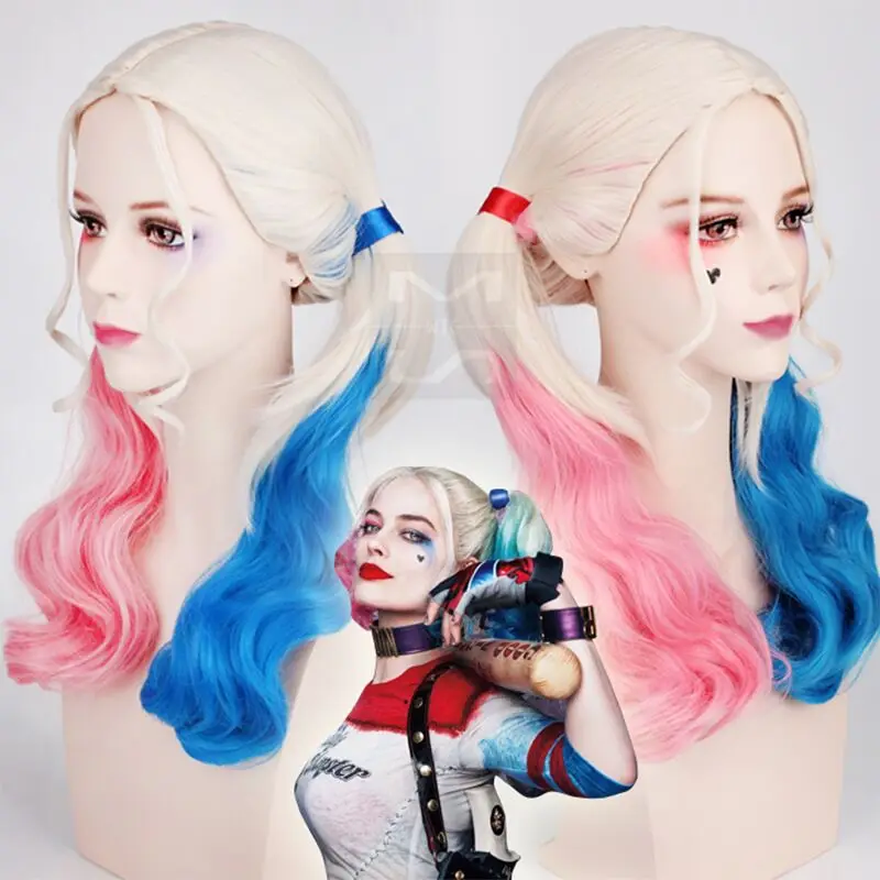 

2019 Batman Suicide Squad Harleen Quinzel Harley Quinn Cosplay Wig Styled Curly Synthetic Ponytail Wig Heat Resistant Hair Wigs