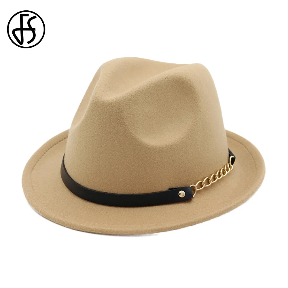 FS Cotton Camel Fedora Hat For Woman Elegant Men Gentleman Godfather Wide Brim Trilby Royal Top