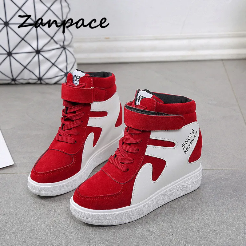 Najtaniej 2020 gruba platforma trampki swobodna koronka kliny szpilki damskie buty Outdoor Black Red platforma Vulcanize Shoes Women