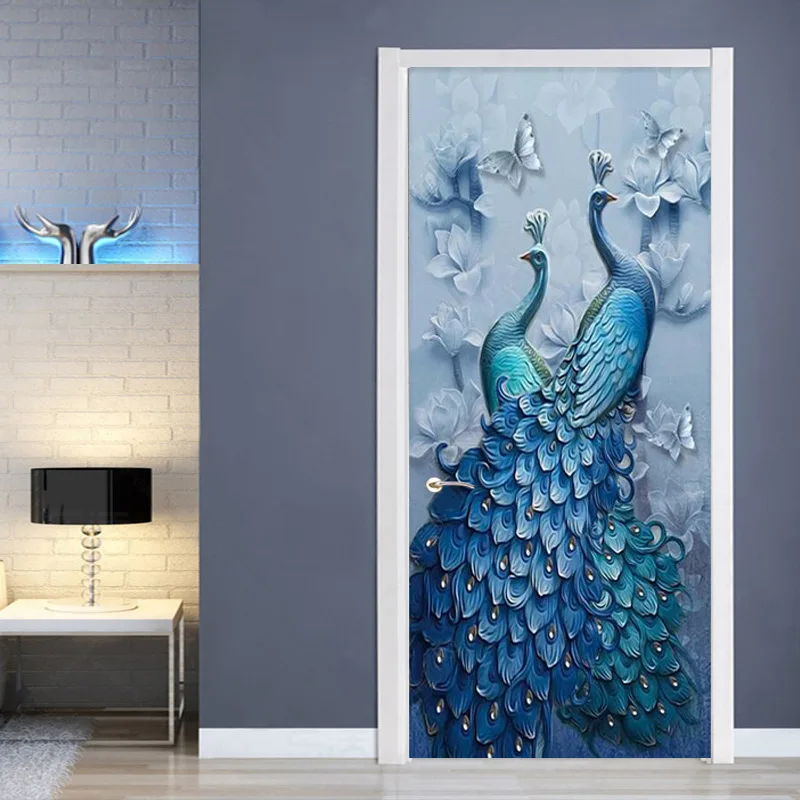 

3d Originality Door Sticker Waterproof Since Paste Paper Decoration Bedroom A Living Room Wall Sticker Blue Peacock