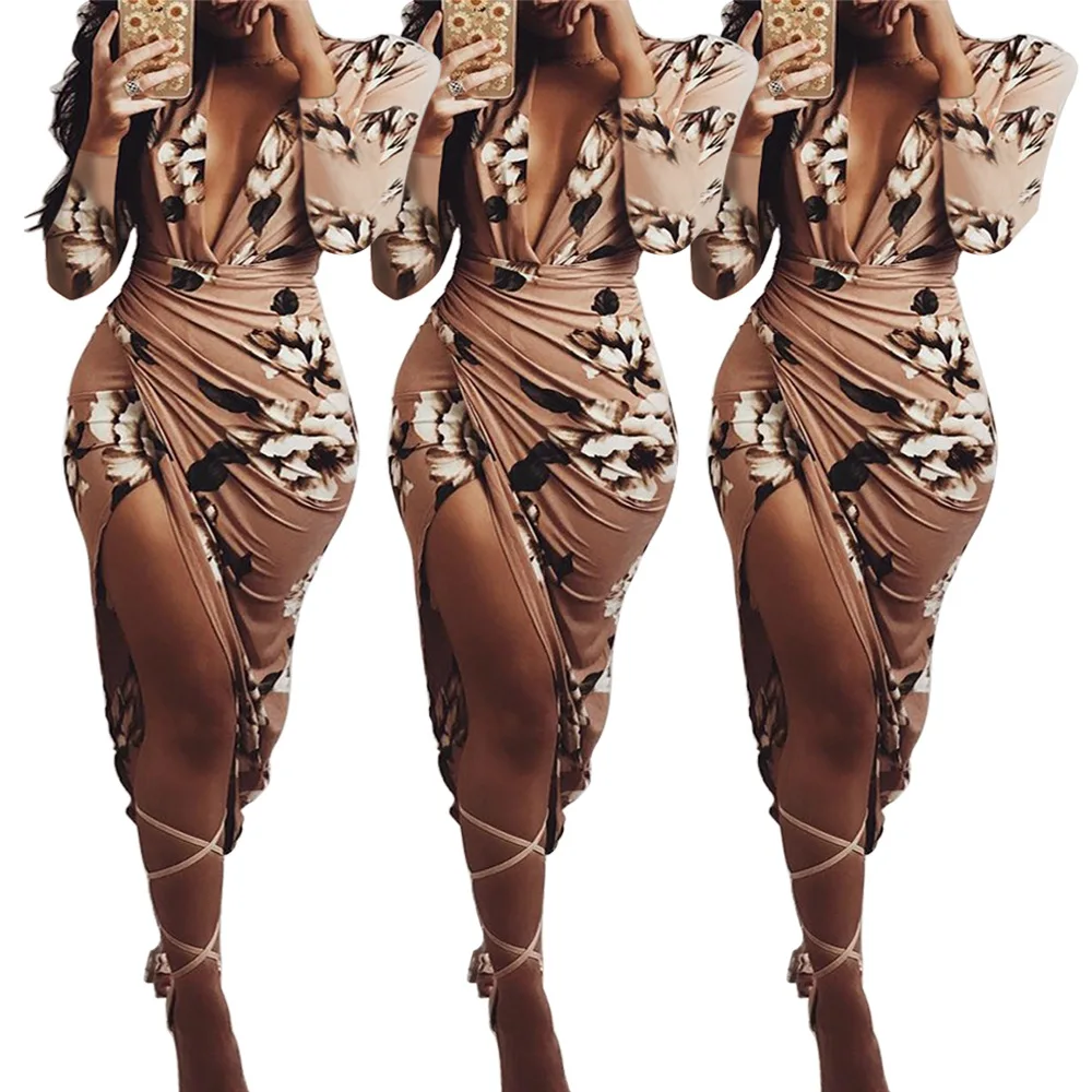 

Plus Size Dress Women Floral Patterns Cross Over Deep V Neck Drape Bandage Dress Waist Midi Elegant Dress