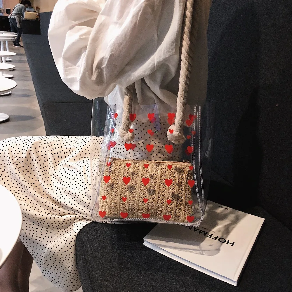 

2PCS/SET Transparent Shoulder Bags For Women 2019 Summer Cute Love PVC Straw Bags Ladies Small Purses and Handbags Travel Bag