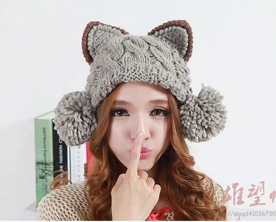 

100pcs fedex fast delivery devil horns Knitted cap Lovely cat ears big ball warm wool hat 6 colors to choose