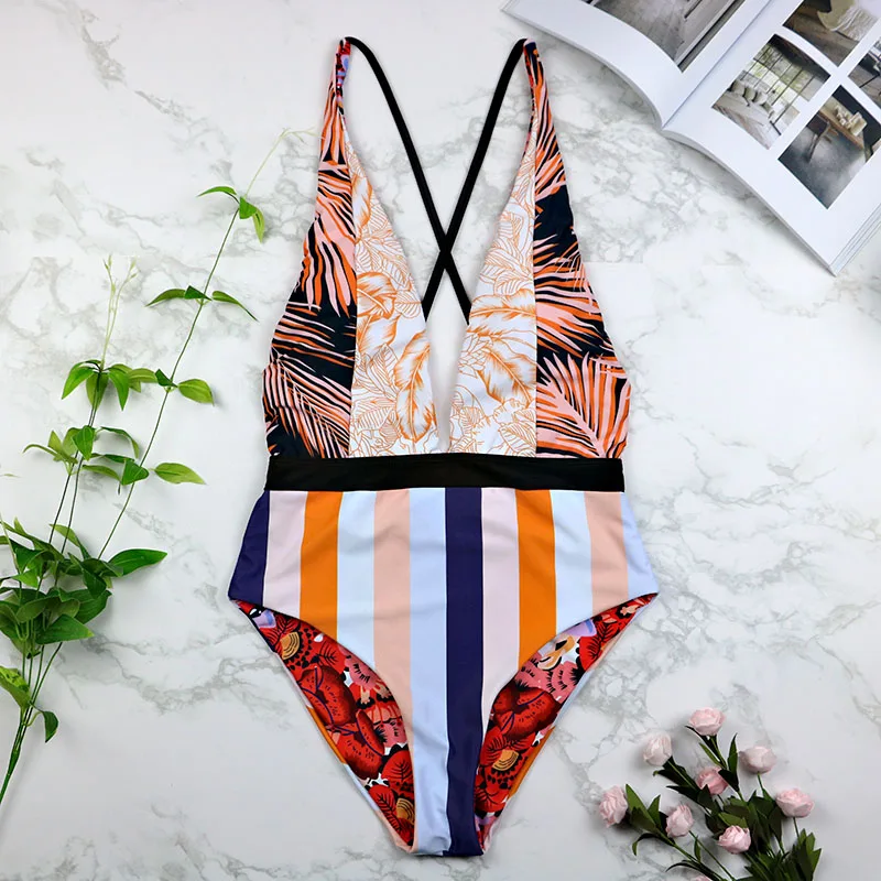 Günstige Frauen Bademode Sexy Tiefe V One Piece Badeanzug Patchwork Monokini Druck Bad Anzug Maillot De Bain Striped Strand Tragen 3200