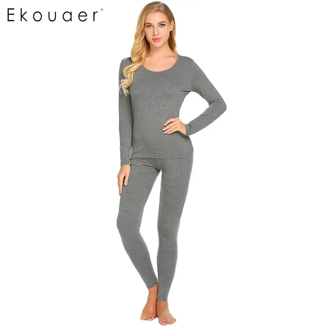 Ekouaer Women Thermal Underwear Set Long Johns Solid Casual Long Sleeve
