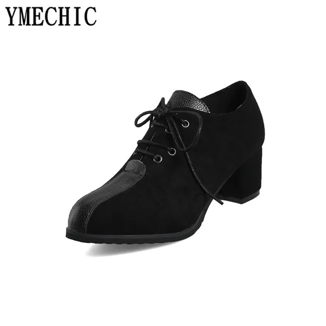 YMECHIC/2018 Осенняя обувь на блочном каблуке Туфли гладиаторы из флока шнуровке