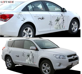 

For White and Silver Car Whole Body Sticker Both Sides Hood Styling Garland Pink Chinese Ink Painting Waterproof