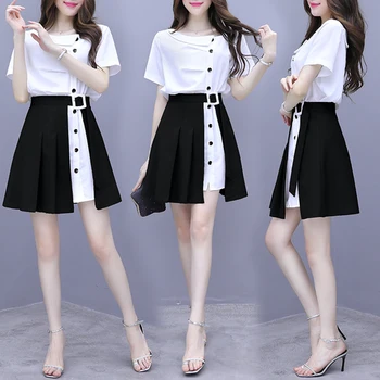 

Korean Vintage 2019 Mini Two Piece Set Casual Brief Loose Women's Sets Irregular Single Breasted Damen Zweiteiler