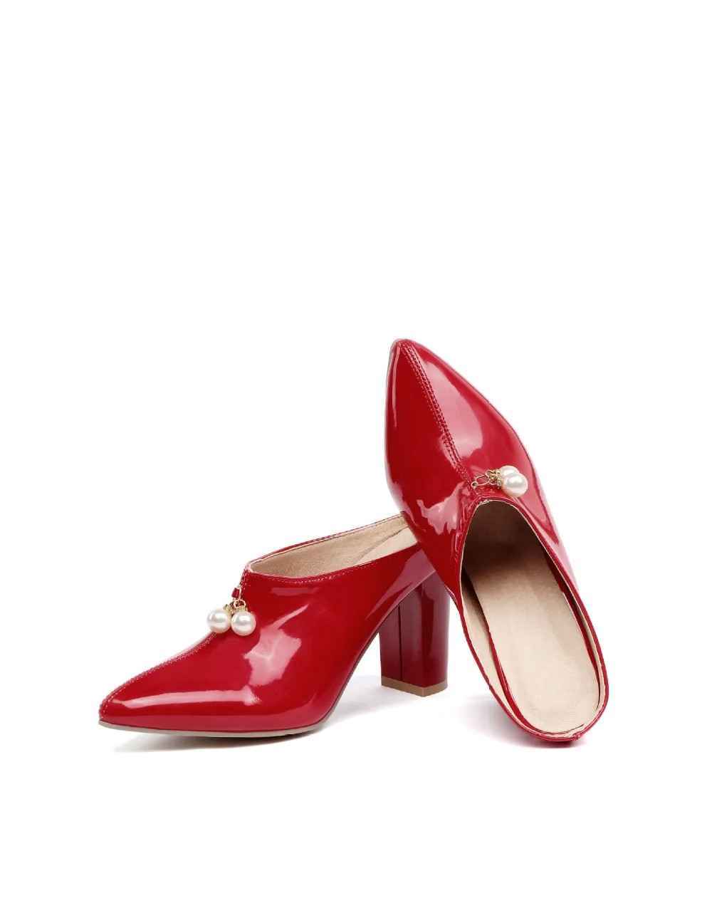 Feminina's/3,3" высокое качество, большие размеры 42, 45, острый носок, высокий квадратный каблук, зеркало, кристалл, женские туфли-лодочки итальянская обувь Шлепанцы красного цвета