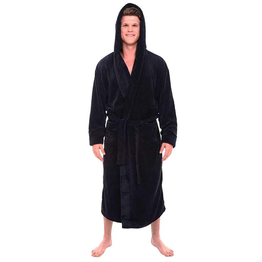 Мужская зимняя удлиненная плюшевая шаль халат Домашняя одежда длинный рукав халат пальто банный халат пеньюар мужской Прямая поставка - Цвет: Black