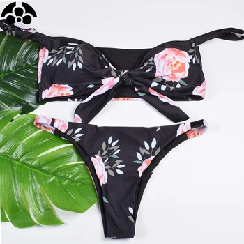 

2018 Summer New Push Up Strapless Sexy Bikini Set Swimwear Women Swimsuit Female Bathing Suit Floral Off Shoulder Bikinis Tie