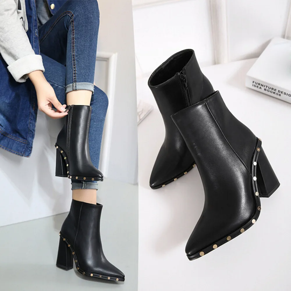 

Women's Short Boots Leather 2019 Lady Winter Martin Boot Pointed Toe High Heel Stylish Ankle Shoes Rivet Side Zipper Botas Warm