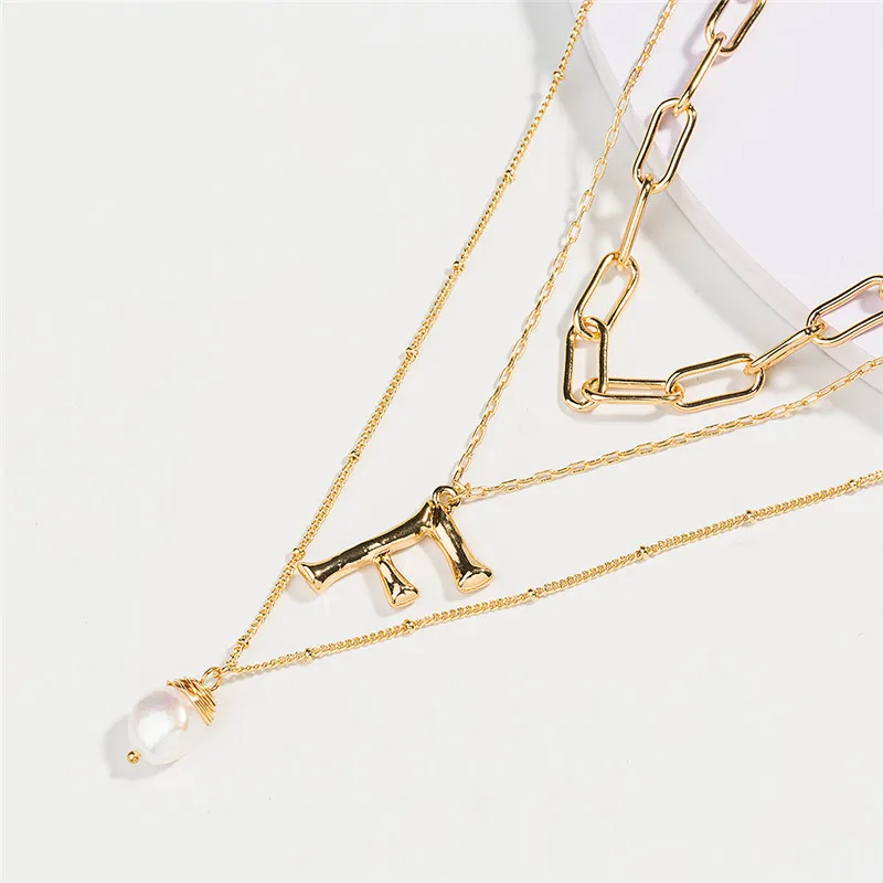 

Natural Freshwater Pearl Pendant Lady Multi-layer Necklace Jewelry For Gift Gold Alloy DIY Letter Pendant Long Chian Necklace