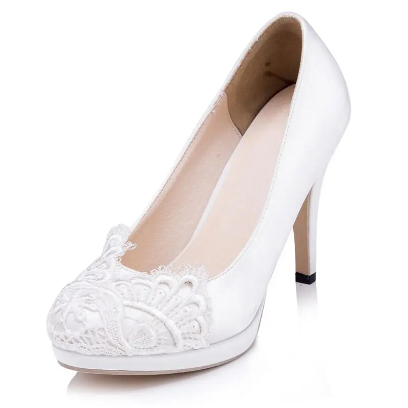 Custom White Ivory Lace font b Women b font Wedding Shoes Round Toes High Heels Platform