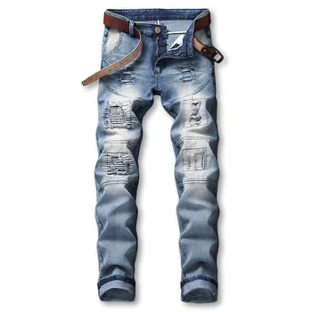 

spring of 2020 men's hole in jeans The beggar pants Retro nostalgia elastic straight fold patches of jeans