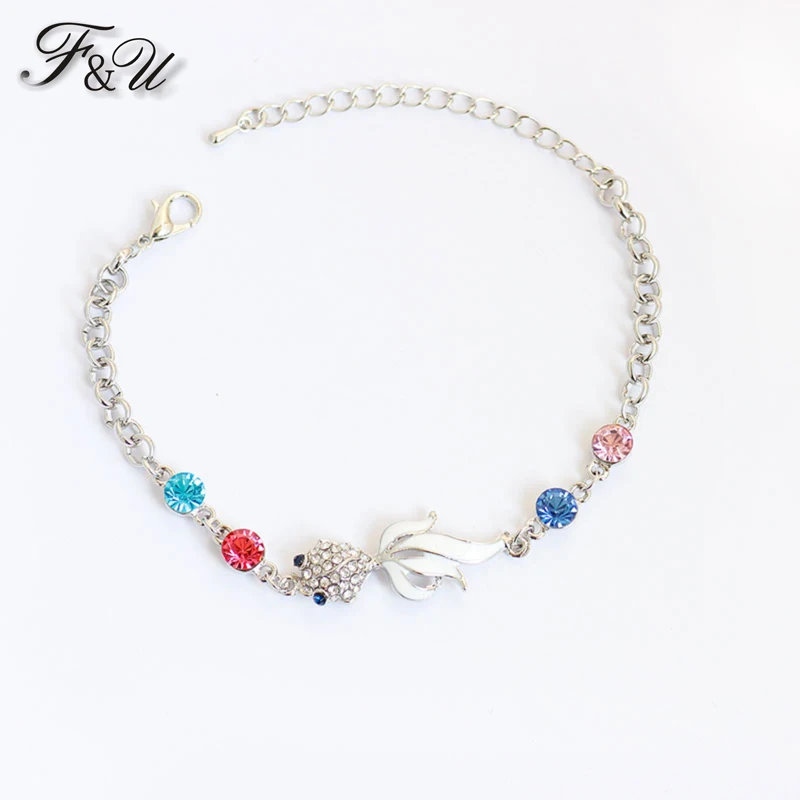 

F&U Zinc Alloy Popular Cheap Wholesale Silver Color Lovely Fish Shaped Metal Crystal Bracelet
