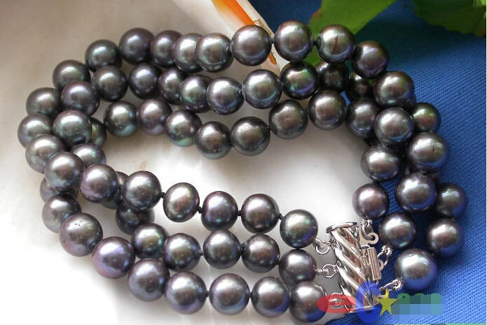 

p2028 3ROW 9MM BLACK ROUND FRESHWATER CULTURED PEARL BRACELET @^Noble style Natural Fine jewe SHIPPING 5.25
