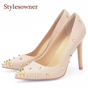 

Stylesowner Spike Rivets High Heels 10.5mm Stiletto Women Pumps Pointed Toe Dress Party Women Shoes Plus Size 40 Real Pic