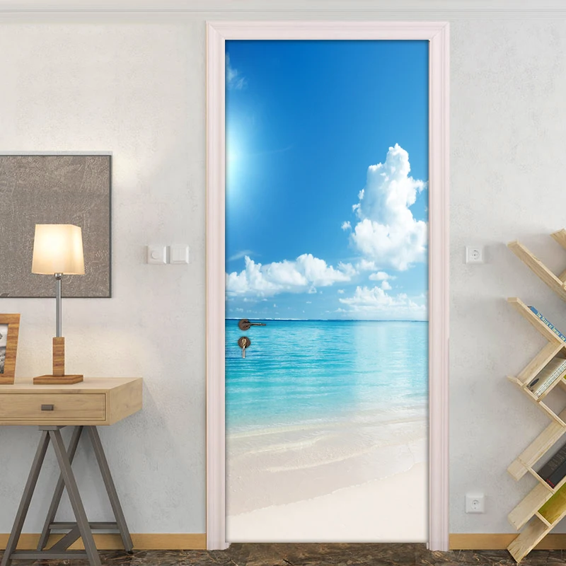 

Blue Sky White Clouds Sandy Beach Sea View Door Sticker Wall Paper Bedroom Living Room Self-adhesive Wall Decals Home Decoration