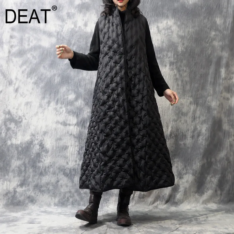 

[DEAT]2019 Spring Woman Stylish Black Color Sleeveless Stand Collar Diamond Grain Long Wide-waisted Warm Thick Vest LE05