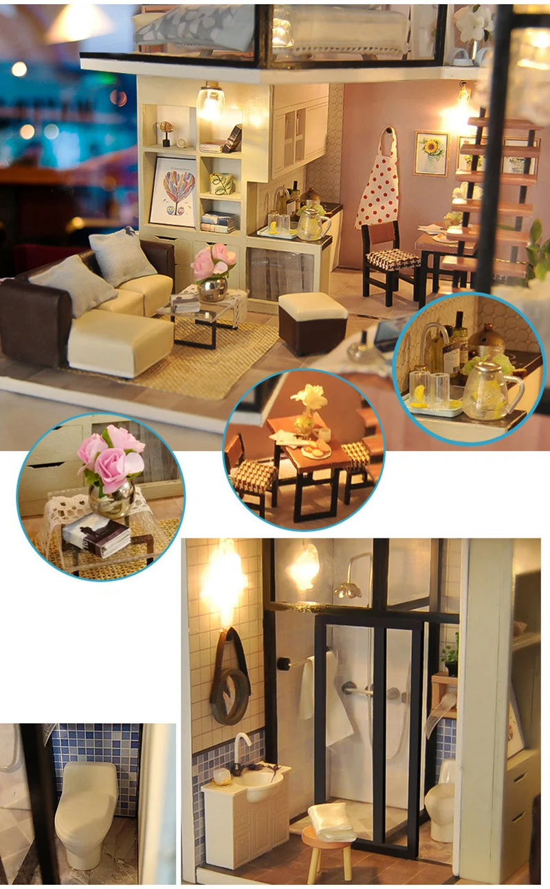 DIY Miniature Doll House 3D Wooden Dollhouse with Furniture Dust Cover Assemble Kit Toys Doll Houses for Children Birthday Gift (9)