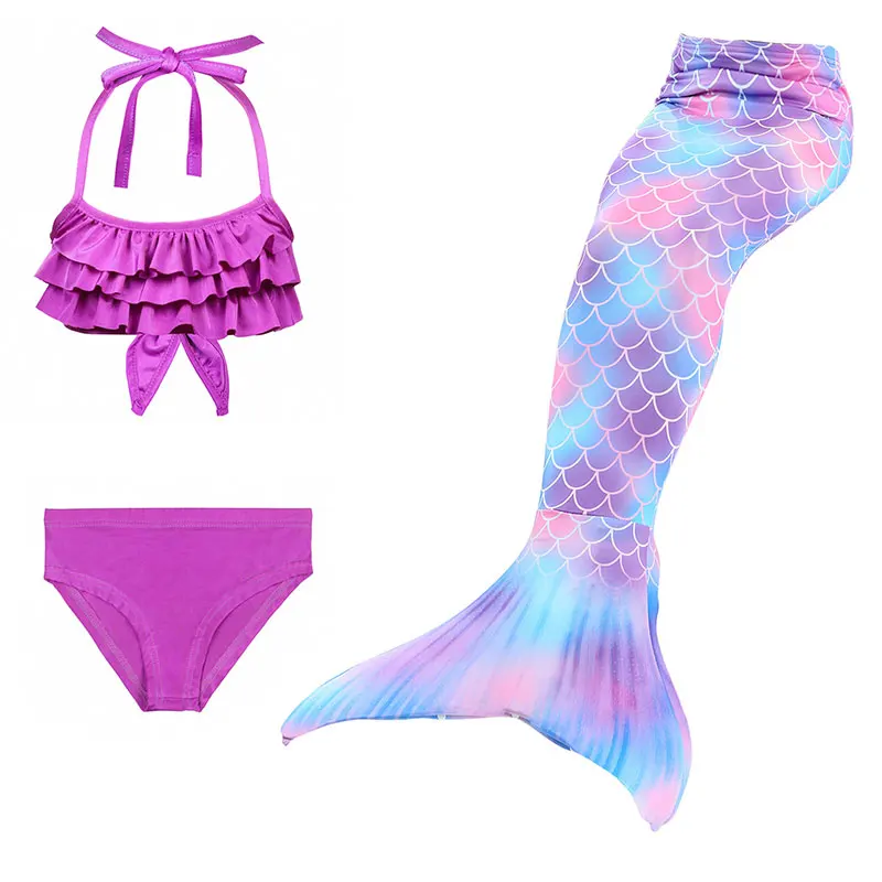 Детский купальный костюм с хвостом русалки для девочек, купальный костюм бикини, купальник, хвост маленькой русалки, детские пляжные костюмы для косплея - Цвет: 67-3 purple
