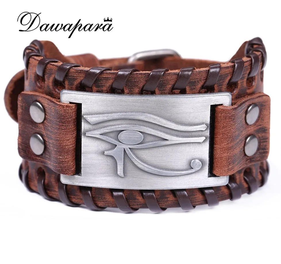 

Dawapara Religious Punk Leather Bracelets & Bangles Antique Silver Eye Of Horus Sigil Wide Cuff Wristband Best Gifts