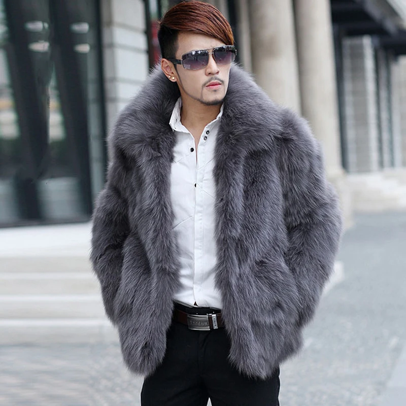 Fashion Mens Fur Coats Luxury Gray Solid Slim Leather Jackets Outerwear ...