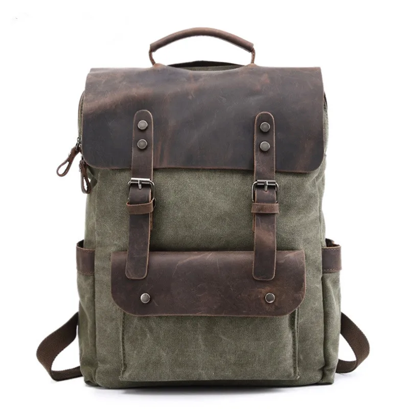 Водонепроницаемый холщовый винтажный рюкзак для мужчин, большой рюкзак для путешествий, сумка для ноутбука из натуральной коровьей кожи, рюкзак для колледжа, студентов, школьная сумка для книг - Цвет: Армейский зеленый
