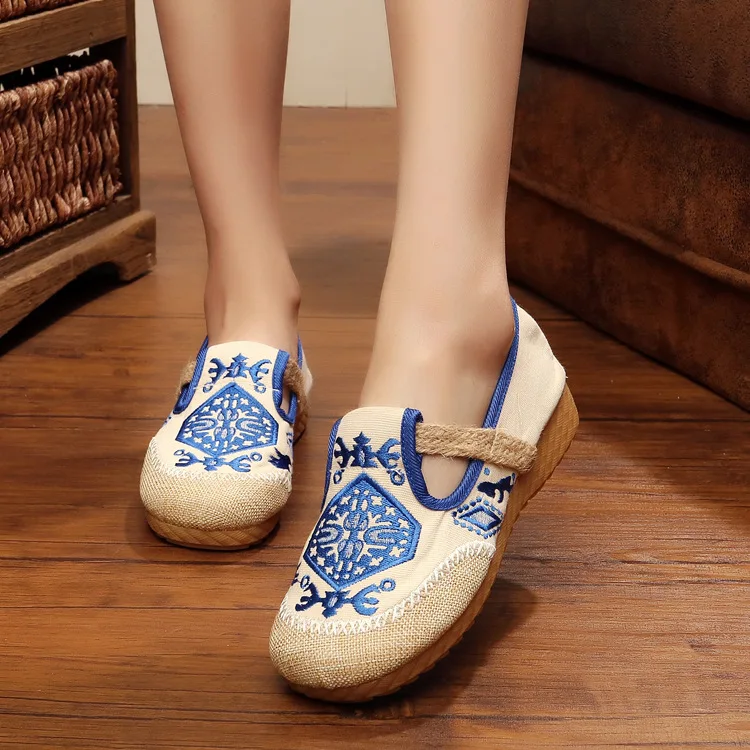 

chinese old Beijing Boho Cotton linen canvas cloth shoes national Thailand handmade woven Round Toe flat shoes with embroidered