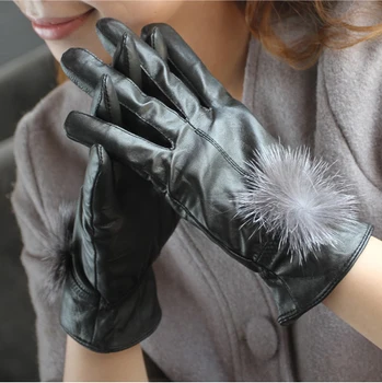 

Free shipping Women's hair ball rabbit fur genuine leather gloves mink ball genuine leather gloves sheepskin gloves