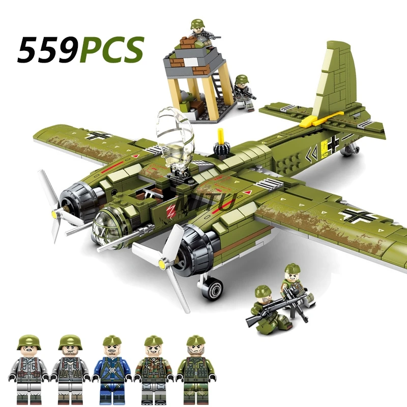 

Compatible Legoingly 559Pcs WW2 Military Ju-88 Bombing Plane Building Blocks Helicopter Army Soldiers Figures Children Toy