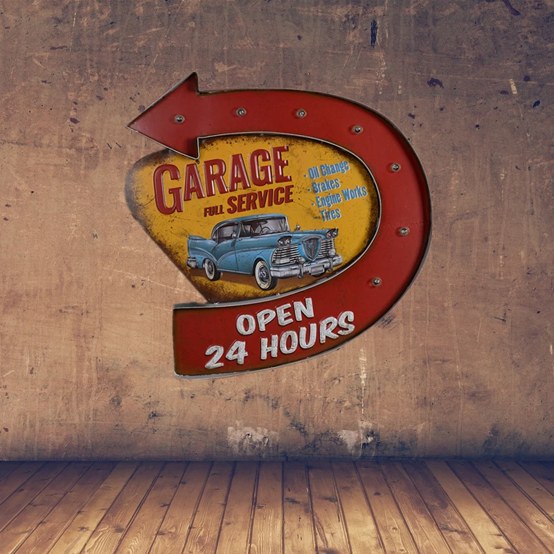 Retro Garage Full Service LED Metal Sign Open 24 Hours Neon Signs For