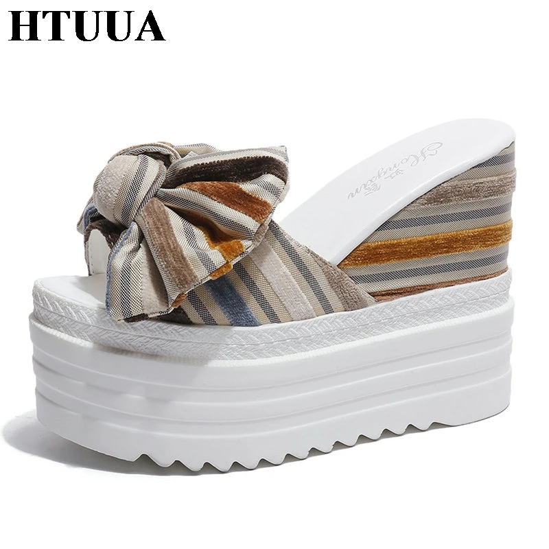 

HTUUA Fashion Women Slippers Striped Bow Wedge Slides High Heels 12CM Platform Sandals Beach Open Toe Summer Shoes Woman SX2341