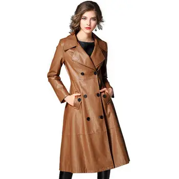 

2019 autumn Women faux leather coat female Double Breasted PU jacket elegant female long outerwear plus size 3xl r1546