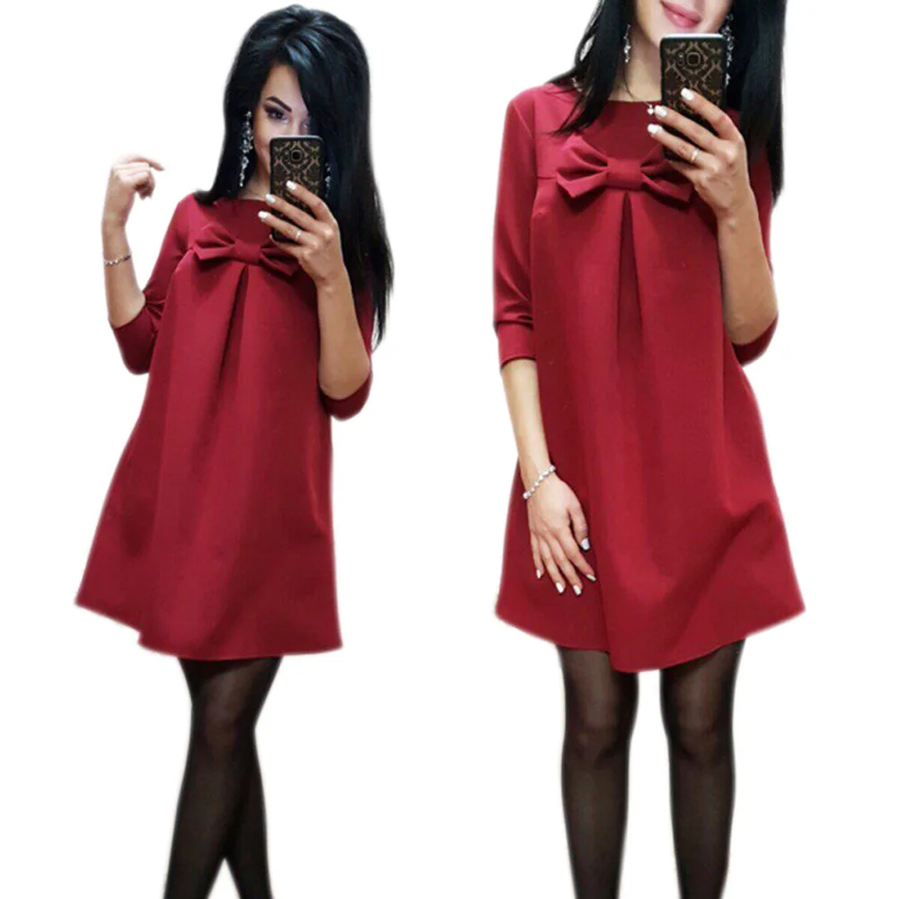 Повседневное женское милое свободное прямое платье с бантом, однотонные осенние платья с коротким рукавом FS99 - Цвет: Красный