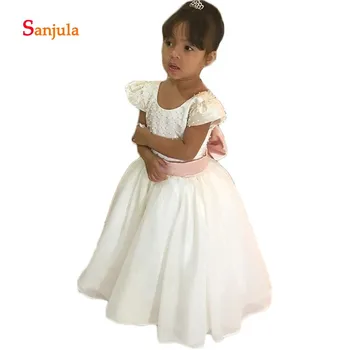 

Cap Sleeve Ivory Chiffon Skirt Cute Flower Girls Dresses 2020 New Fashion Design Pearls Backless Bow Satin Top Party Wear D74