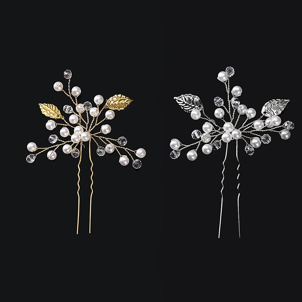 

Romance Bride Head Piece Hair Clip Wedding Jewelry Women Metal U Shape Pearl Leaves Crystal Floral Hairpin Hair Accessories