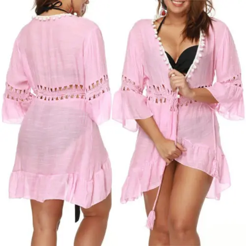 

2018 Women Fashion Boho Tassel Sleeveless Solid Color Cotton Casual Beach Wear Wrap Cover Dress