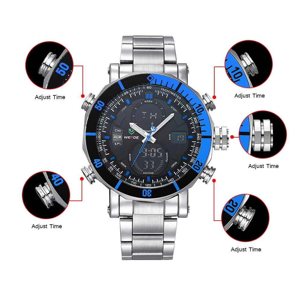 WEIDE men watch quartz contracted watch stainless steel date sport in digital watches led round Big dial luxury  fashion casual