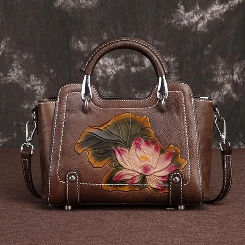 Винтажные женские сумки, коровья кожа, сумка через плечо, тиснение, цветочный узор, сумки, уникальный дизайн, женские сумки
