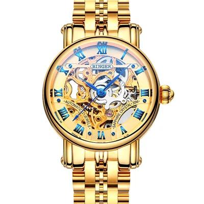 Швейцарские Бингер прозрачный чехол модные золотые из нержавеющей стали женские механические часы лучший бренд Роскошные часы с скелетом - Цвет: steel Gold