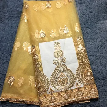

African Gold Sequins Net Lace Fabric 2019 Style Nigeria Sequined Swiss Mesh Tulle Lace For Women Party Wedding Dress Fabrics