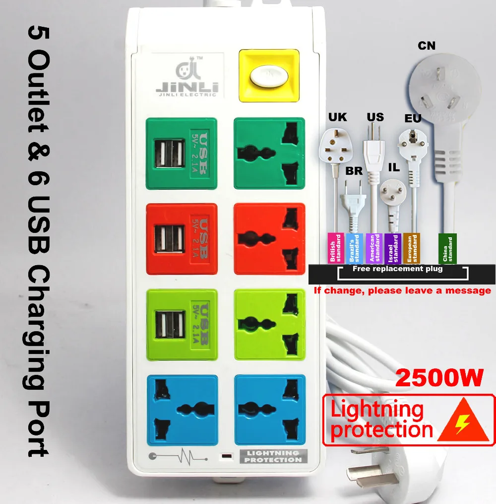 AU EU US UK 100~ 240 v 10A Электрический разъем Переключатель основание розетки с 5 выходами и 6 USB