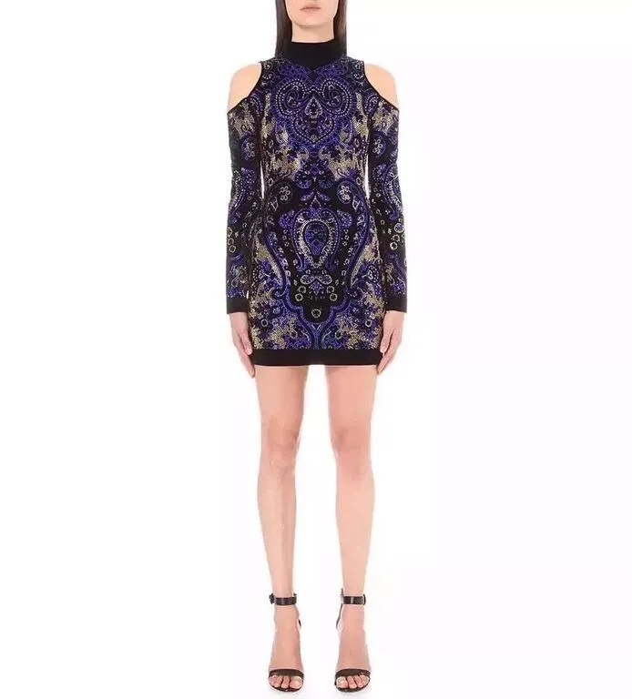 2016 новый высокая мода синий бисером шею длинным рукавов мини платья повязки