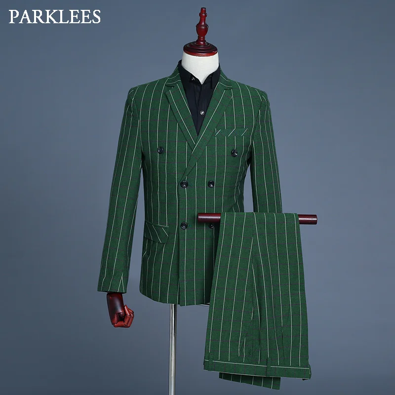 

Latest Green Plaid Dress Suit Men Double Breasted Mens 3 Piece Set Blazer Jacket Wedding Business Singer Striped Tuxedo Suit 2XL