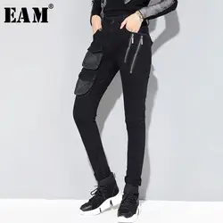 [EAM] 2019 Новинка Весна Лето Высокая талия черные свободные Pokcet на молнии длинные джинсовые узкие брюки женские брюки Мода Tide JO135